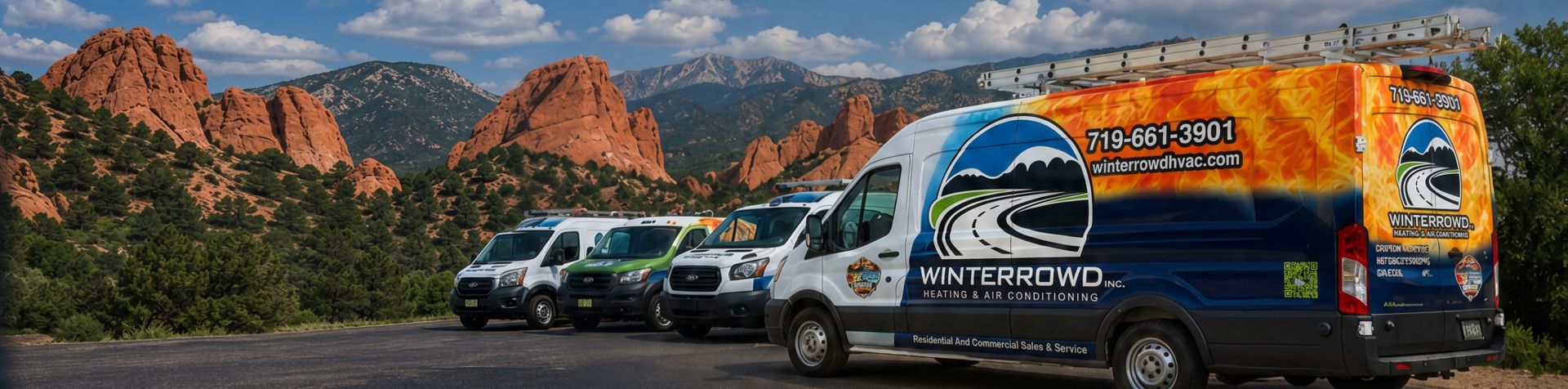 Winterrowd service vans in front of Garden of the Gods, Colorado Springs